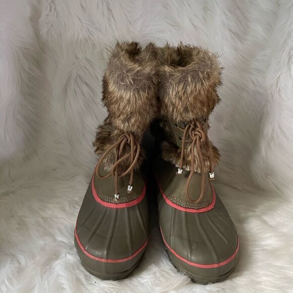 KHOMBU snow boots leather & rubber olive green and orange with faux fur SZ8M - Picture 3 of 10